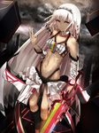  altera_(fate) bandeau bangs bare_shoulders black_nails breasts choker closed_mouth cloud collarbone contest_winner dark_clouds dark_skin detached_sleeves expressionless fate/extella fate/extra fate/grand_order fate_(series) frills highres holding holding_sword holding_weapon light_particles looking_at_viewer midriff nail_polish navel photon_ray pixiv_fate/grand_order_contest_1 red_eyes shiguru short_hair small_breasts solo standing sword tattoo veil weapon white_hair 