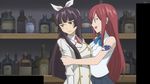  2girls alcohol blush bottle erza_scarlet fairy_tail hair_ornament hug kagura_mikazuchi long_hair multiple_girls open_mouth purple_hair red_hair ribbon skirt smile tattoo tie yuri 