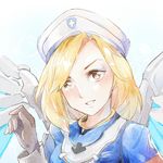  alternate_hairstyle armband blonde_hair blue_wings blush combat_medic_ziegler face gloves hat long_sleeves mechanical_wings mercy_(overwatch) overwatch parted_lips solo upper_body wings yellow_eyes zrae 
