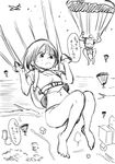  1girl absurdres aircraft airplane closed_mouth falling frown gameplay_mechanics greyscale highres monochrome nakahara_kaihei ocean parachute playerunknown's_battlegrounds shirt short_hair shorts sketch sweat translated wavy_mouth 