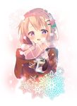  blush can coat eyebrows_visible_through_hair gochuumon_wa_usagi_desu_ka? hair_ornament hairclip holding holding_can hoto_cocoa looking_at_viewer mitsumomo_mamu mittens open_mouth orange_hair pink_scarf purple_eyes red_coat red_mittens scarf smile snowflakes soda_can solo steam 