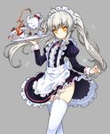  absurdres apron cookie cup elsword eve_(elsword) facial_mark food forehead_jewel hair_between_eyes highres holding long_hair looking_at_viewer maid maid_apron maid_headdress poseich shiny simple_background solo standing teacup teapot thighs yellow_eyes 