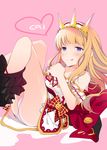  :p ass bad_id bad_pixiv_id bangs bare_legs blonde_hair blunt_bangs blush bow cagliostro_(granblue_fantasy) capelet chikotamu_(shiro) collarbone colored_shadow dress flat_ass flat_chest granblue_fantasy hairband heart highres long_hair looking_away off-shoulder_dress off_shoulder panties pink_background pink_panties purple_eyes red_bow red_ribbon ribbon ribbon_trim shadow short_dress side-tie_panties simple_background skirt skirt_pull solo spiked_hairband spikes tongue tongue_out underwear 