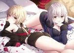  alternate_costume artoria_pendragon_(all) ass bangs bed_sheet black_dress black_ribbon black_shorts blonde_hair blush breasts camisole chin_rest cleavage commentary_request curtains dress eyebrows_visible_through_hair fate/grand_order fate_(series) flower fur-trimmed_jacket fur_trim hair_ribbon hand_on_own_cheek hand_up indoors jacket jeanne_d'arc_(alter)_(fate) jeanne_d'arc_(fate)_(all) kneepits large_breasts light_smile long_hair long_sleeves looking_at_viewer looking_back low_ponytail lying masuishi_kinoto medium_breasts multiple_girls on_bed on_side on_stomach parted_lips petals pillow ponytail red_flower red_rose ribbon rose saber_alter short_dress short_hair short_shorts shorts silver_hair sleeves_past_wrists smile thighs wicked_dragon_witch_ver._shinjuku_1999 yellow_eyes zipper 