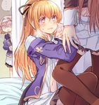  3girls around_corner bed blonde_hair blush brown_legwear curtains dress_shirt farrah_(granblue_fantasy) granblue_fantasy hair_ribbon hand_on_another's_cheek hand_on_another's_face hand_under_clothes jacket katalina_aryze long_hair mikan-uji multiple_girls navel off_shoulder on_bed open_clothes ponytail privacy_screen purple_jacket ribbon shirt sitting sitting_on_bed skirt sweatdrop thighhighs undressing vira_lilie visible_air white_skirt yuri zettai_ryouiki 