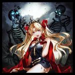  blonde_hair cape check_commentary commentary commentary_request earrings ereshkigal_(fate/grand_order) fate/grand_order fate_(series) gold_trim hair_ribbon jewelry kyou_zip long_hair looking_at_viewer open_mouth red_cape red_eyes red_ribbon ribbon skeleton skull solo tiara twintails 