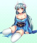  :&lt; aqua_hair arm_support bangs bare_shoulders blush breasts brown_eyes cleavage closed_mouth collarbone dragon_girl dragon_horns fate/grand_order fate_(series) full_body furumiya_neko groin hair_ornament highres horns japanese_clothes kimono kiyohime_(fate/grand_order) large_breasts long_hair looking_at_viewer obi off_shoulder pelvic_curtain sash sitting solo thighhighs very_long_hair white_legwear wide_sleeves yellow_eyes yokozuwari 