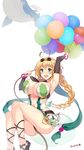  :d ahoge arm_up armpits balloon balloon_vine_(flower_knight_girl) bangle baul blonde_hair blush bracelet braid breasts elbow_gloves flower_knight_girl gloves goggles goggles_on_head green_eyes hair_ornament hair_ribbon heart_ahoge heart_balloon highres jewelry kuro_chairo_no_neko large_breasts long_hair open_mouth ribbon rope signature simple_background single_braid smile solo tales_of_(series) tales_of_vesperia twitter_username whale white_background 