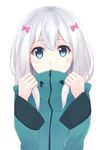  :o blue_eyes bow eromanga_sensei hair_bow izumi_sagiri jacket long_hair looking_at_viewer mkt open_mouth silver_hair solo upper_body 