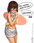  aran_sweater artist_self-insert bandaid blue_eyes blush bra breasts brooke_(mathias_leth) brown_hair commentary dress embarrassed eyebrows_visible_through_hair freckles highres long_hair mathias_leth meme_attire navel original panties polka_dot polka_dot_bra polka_dot_panties small_breasts solo sweater sweater_dress teardrop turtleneck turtleneck_sweater underwear virgin_killer_sweater wardrobe_error watermark web_address white_bra white_panties you're_doing_it_wrong 