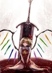  ascot bangs blonde_hair chipped_sword closed_mouth commentary_request crack crystal flandre_scarlet full_body greatsword hair_between_eyes hair_ribbon highres huge_weapon looking_at_viewer no_hat no_headwear planted_sword planted_weapon pool_of_blood puffy_short_sleeves puffy_sleeves red_eyes red_ribbon red_skirt red_vest ribbon ripples short_hair short_sleeves side_ponytail sinkai sitting skirt skirt_set smile solo sword touhou v_arms vest wariza weapon wings 