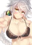  asymmetrical_hair bare_arms bare_shoulders black_bra blush bra braid breasts cleavage collarbone covered_nipples groin hair_between_eyes hair_ornament jewelry jitome kantai_collection large_breasts long_hair looking_at_viewer navel puffy_nipples reaching_out ring silver_hair single_braid solo underwear underwear_only unryuu_(kantai_collection) upper_body very_long_hair wedding_ring yamaarashi yellow_eyes 