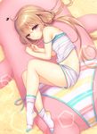  bangs blush brown_eyes brown_hair camisole closed_mouth commentary_request futaba_anzu idolmaster idolmaster_cinderella_girls lens_flare long_hair loungewear low_twintails lying on_side panties pentagon_(shape) sanom short_shorts shorts side-tie_panties socks solo strap_slip striped striped_legwear striped_panties stuffed_animal stuffed_toy thighs twintails underwear white_panties 