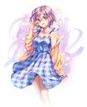  alternate_costume bare_legs bare_shoulders blue_dress collarbone dress fate/grand_order fate_(series) glasses hand_on_own_cheek hand_on_own_face jacket looking_at_viewer mash_kyrielight off_shoulder open_mouth parnasso plaid plaid_dress purple_eyes purple_hair short_hair simple_background skirt_hold smile solo white_background yellow_jacket 