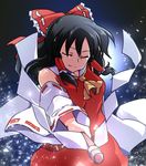  ascot bangs bare_shoulders black_hair bow breasts check_commentary closed_eyes commentary commentary_request dairi detached_sleeves gohei hair_bow hair_tubes hakurei_reimu large_bow long_hair magic medium_breasts meme pointing pointing_at_viewer salt_bae_(meme) skirt skirt_set solo touhou vest 