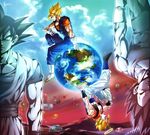  abs arm_rest blonde_hair boots cloud cropped_vest dougi dragon_ball dragon_ball_z earth gloves gogeta green_eyes halo kim_yura_(goddess_mechanic) male_focus multiple_boys muscle rotational_symmetry signature sitting son_gokuu spiked_hair super_saiyan vegeta vegetto vest white_footwear white_gloves wristband 