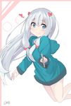  absurdres blue_eyes blush bow doorknoble eromanga_sensei hair_bow hair_ribbon heart highres hood hooded_jacket izumi_sagiri jacket long_hair looking_at_viewer ribbon silver_hair solo stylus tress_ribbon very_long_hair 