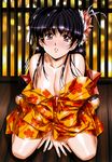  absurdres bangs bare_shoulders black_hair blush breasts cleavage comic_tenma flower hair_flower hair_ornament highres indoors japanese_clothes kimono lipstick long_hair looking_at_viewer makeup medium_breasts non-web_source purple_eyes sandals scan shiny shiny_hair shiny_skin sitting solo urushihara_satoshi 