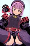  ass banned_artist belt beret black_panties breasts colonel_olcott_(fate/grand_order) fate/grand_order fate_(series) from_below hat helena_blavatsky_(fate/grand_order) jacket looking_at_viewer looking_down panties purple_eyes purple_hair purple_legwear short_hair small_breasts smile solo tetsubuta thighhighs underwear 