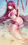  bikini brown_hair derivative_work fate/grand_order fate_(series) flower hair_flower hair_ornament haohe_buguo hibiscus highres long_hair looking_at_viewer parted_lips partially_submerged pink_bikini red_eyes scathach_(fate)_(all) scathach_(swimsuit_assassin)_(fate) smile solo swimsuit water 