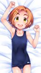  :d arm_up armpits bed_sheet blue_swimsuit blush clenched_hands collarbone cowboy_shot dakimakura eyebrows_visible_through_hair flat_chest from_above hair_ornament hairclip hand_up happy idolmaster idolmaster_cinderella_girls indoors looking_at_viewer lying name_tag okina_ika old_school_swimsuit on_back on_bed one-piece_swimsuit open_mouth orange_hair ryuuzaki_kaoru school_swimsuit shadow short_hair smile solo swimsuit thick_eyebrows thigh_gap yellow_eyes 