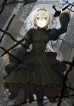  belt black_legwear blurry closed_mouth commentary_request depth_of_field double-breasted dress dutch_angle expressionless frilled_sleeves frills gothic green_dress grey_eyes grey_hair hair_intakes highres holding holding_sword holding_weapon juliet_sleeves long_hair long_sleeves looking_at_viewer low_ponytail mikoto_kei original outdoors pantyhose petticoat pleated_dress ponytail puffy_sleeves solo standing sword weapon 