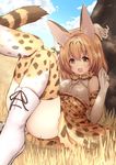  :3 :d against_tree animal_ears arm_up bangs blonde_hair blush boots breasts commentary_request convenient_leg cross-laced_clothes day elbow_gloves gloves high-waist_skirt highres kemono_friends looking_at_viewer on_grass open_mouth outdoors print_gloves print_legwear print_neckwear print_skirt serval_(kemono_friends) serval_ears serval_print serval_tail shirt short_hair sitting skirt sleeveless sleeveless_shirt small_breasts smile solo striped_tail tail topia tree under_tree white_footwear white_shirt yellow_eyes 