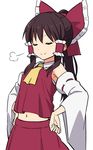  =3 armpits blush bow breath commentary cowboy_shot detached_sleeves frilled_bow frilled_shirt_collar frills hair_bow hair_tubes hakurei_reimu hands_on_hips leon_(mikiri_hassha) long_hair long_sleeves navel ponytail red_bow red_ribbon red_skirt red_vest revision ribbon ribbon-trimmed_sleeves ribbon_trim simple_background skirt smug solo standing stomach touhou triumph_(expression) vest white_background wide_sleeves 