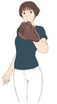  baseball_mitt blue_shirt breasts brown_eyes brown_hair cowboy_shot gake_no_ue_no_ponyo jas lisa_(ponyo) looking_at_viewer medium_breasts pants shirt short_hair simple_background smile solo studio_ghibli white_background 