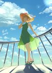  blue_sky breasts brown_eyes brown_hair cloud day dress from_below green_dress hat highres hyakujuu-ou_golion mary_janes outdoors pidge_gunderson railing sasha_gladysh see-through_silhouette shadow shoes sky sleeveless small_breasts solo standing sun sun_hat voltron:_legendary_defender 