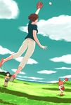  2girls baseball baseball_mitt brown_hair closed_eyes cloud cloudy_sky day gake_no_ue_no_ponyo grass jas jumping lisa_(ponyo) multiple_girls ocean open_mouth orange_hair outdoors pants ponyo shirt shoes short_hair short_ponytail shorts sky sousuke_(ponyo) studio_ghibli throwing 