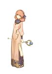  absurdres brown_eyes curly_hair dress fire_emblem fire_emblem_echoes:_mou_hitori_no_eiyuuou full_body hairband hidari_(left_side) highres holding jenny_(fire_emblem) jewelry necklace official_art pink_hair shoes simple_background solo staff white_background 