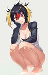  bare_legs barefoot black_hair blonde_hair breasts cleavage closed_mouth collarbone gradient_hair hand_on_own_cheek hood hoodie jor_(hoad) kemono_friends large_breasts looking_at_viewer multicolored_hair red_eyes red_hair rockhopper_penguin_(kemono_friends) short_twintails simple_background smile solo squatting twintails water white_background 