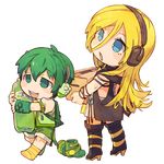  1girl 8'108 backpack bag black_footwear blonde_hair blue_eyes boots boots_removed box buck_teeth carrying chibi eyes_visible_through_hair full_body green_eyes green_footwear green_hair green_shorts half-closed_eyes headphones lily_(vocaloid) long_hair open_mouth ryuuto_(vocaloid) shorts smile socks soda striped striped_legwear transparent_background vest vocaloid walking 