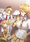  adjusting_hair animal_ears animal_print blonde_hair cheetah_(kemono_friends) cheetah_ears chromatic_aberration dress_shirt fur_collar highres kemono_friends leopard_(kemono_friends) leopard_ears leopard_print lion_(kemono_friends) lion_ears mane multicolored_hair multiple_girls necktie print_neckwear sakuhiko school_uniform see-through shirt short_hair short_sleeves sitting skirt sweater_vest thighhighs 