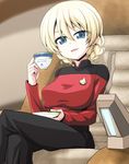  :d black_pants blonde_hair blue_eyes blurry blurry_background braid breasts commentary crossed_legs cup darjeeling emblem eyebrows_visible_through_hair french_braid girls_und_panzer hair_between_eyes head_tilt highres holding holding_cup jean-luc_picard kamishima_kanon large_breasts long_sleeves looking_at_viewer military military_uniform open_mouth pants saucer seat short_hair sitting smile solo star_trek star_trek:_the_next_generation teacup uniform 
