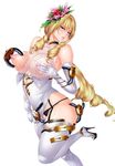  1girl blonde_hair blue_eyes bodysuit breast_grab breasts character_request cleavage collar collarbone curvy drill_hair elbow_gloves fei_(maidoll) female fingering large_breasts lilith-soft long_hair looking_at_viewer nipples no_bra shiny_skin solo sweat taimanin_asagi_battle_arena 