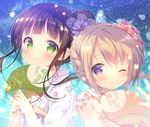  ;) blush brown_hair character_request eyebrows_visible_through_hair fan gochuumon_wa_usagi_desu_ka? green_eyes hair_bun japanese_clothes kimono looking_at_viewer mitsumomo_mamu multiple_girls one_eye_closed pink_kimono purple_eyes purple_kimono short_hair smile ujimatsu_chiya 