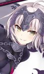  ahoge bankoku_ayuya breasts chain cleavage commentary_request fate/grand_order fate_(series) headpiece jeanne_d'arc_(alter)_(fate) jeanne_d'arc_(fate)_(all) looking_at_viewer medium_breasts short_hair silver_hair smirk solo yellow_eyes 