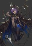  1girl assassin_(fate/prototype_fragments) blue_eyes breasts cleavage cloak dagger fate/prototype fate/prototype:_fragments_of_blue_and_silver fate_(series) fingerless_gloves gloves grey_background mask navel pants purple_hair short_hair smile weapon 