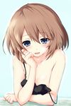  bare_shoulders blanc blue_eyes blush brown_hair hands_on_own_cheeks hands_on_own_face iwasi-r looking_at_viewer neptune_(series) open_mouth short_hair smile solo strap_slip 