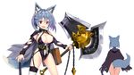  :d animal_ears asymmetrical_legwear axe bangs blue_hair blush cloak covered_nipples crotch_seam detached_sleeves elbow_gloves fang from_behind garter_straps gloves hair_between_eyes highleg highleg_leotard highres holding holding_axe holding_weapon kuro_chairo_no_neko leotard looking_at_viewer multiple_views navel navel_cutout open_mouth original purple_eyes purple_leotard short_hair simple_background single_thighhigh sketch smile tail teeth thighhighs thighs torn_clothes torn_gloves v-shaped_eyebrows weapon white_background white_legwear wolf_ears wolf_tail 