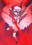  bat_wings blue_hair commentary_request fang full_body hat hat_ribbon kaiza_(rider000) long_sleeves looking_at_viewer mob_cap moon open_mouth pink_wings puffy_sleeves red_background red_eyes red_moon remilia_scarlet ribbon sash shirt shoes short_hair skirt skirt_lift skirt_set slit_pupils smile solo spear_the_gungnir touhou wind wind_lift wings 