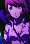  1girl atlus between_breasts breasts brown_eyes brown_hair choker cleavage collarbone looking_at_viewer medium_breasts parted_lips persona persona_3 screencap short_hair solo stitched strap_cleavage takeba_yukari upper_body 