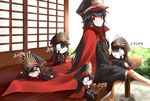  :d architecture black_hair black_pants black_shirt blush cape chibi east_asian_architecture family_crest fate/grand_order fate_(series) hat highres japanese_clothes keikenchi_(style) koha-ace long_hair long_sleeves military military_hat military_uniform multiple_girls multiple_persona o_o oda_nobunaga_(fate) oda_uri open_mouth pants peaked_cap red_cape red_eyes shirt shunichi sitting smile translated uniform v_arms 