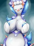  1girl areolae artist_request blue_eyes breasts covering_breasts furry huge_breasts one_eye_closed pokemon primarina smile solo wink 
