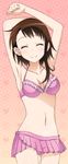  armpits arms_up ass_visible_through_thighs bikini bikini_skirt breasts brown_hair cleavage closed_eyes collarbone cowboy_shot medium_breasts navel nisekoi onodera_kosaki pink_bikini pleated_skirt short_hair_with_long_locks sidelocks skirt smile solo standing swimsuit 