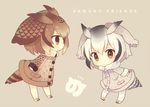  2girls arms_at_sides beige_background blonde_hair blush brown_eyes brown_hair buttons chibi coat copyright_name eurasian_eagle_owl_(kemono_friends) expressionless eyebrows_visible_through_hair from_side full_body fur_collar gradient_hair grey_hair head_wings japari_symbol kemono_friends konno_(pixiv_23416142) light_brown_hair long_sleeves looking_at_another looking_at_viewer mary_janes multicolored_hair multiple_girls no_nose northern_white-faced_owl_(kemono_friends) pantyhose pocket profile romaji shoes short_hair simple_background sleeve_cuffs standing tail tsurime white_hair white_legwear wings 