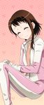  bodysuit breasts brown_hair cleavage closed_eyes collarbone gloves hands_together nisekoi onodera_kosaki short_hair_with_long_locks sidelocks small_breasts smile solo unzipped white_gloves 