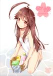  2017 ahoge artist_name bare_shoulders barefoot body_blush brown_eyes brown_hair bucket character_name dated highres huge_ahoge kantai_collection kuma_(kantai_collection) long_hair looking_at_viewer mitsuru_(habihapi) naked_towel rubber_duck shampoo_bottle sidelocks smile solo towel 